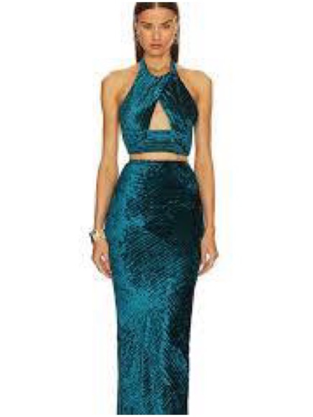 Teal Satin Halter Crop Top and High-Waist Mermaid Skirt Set